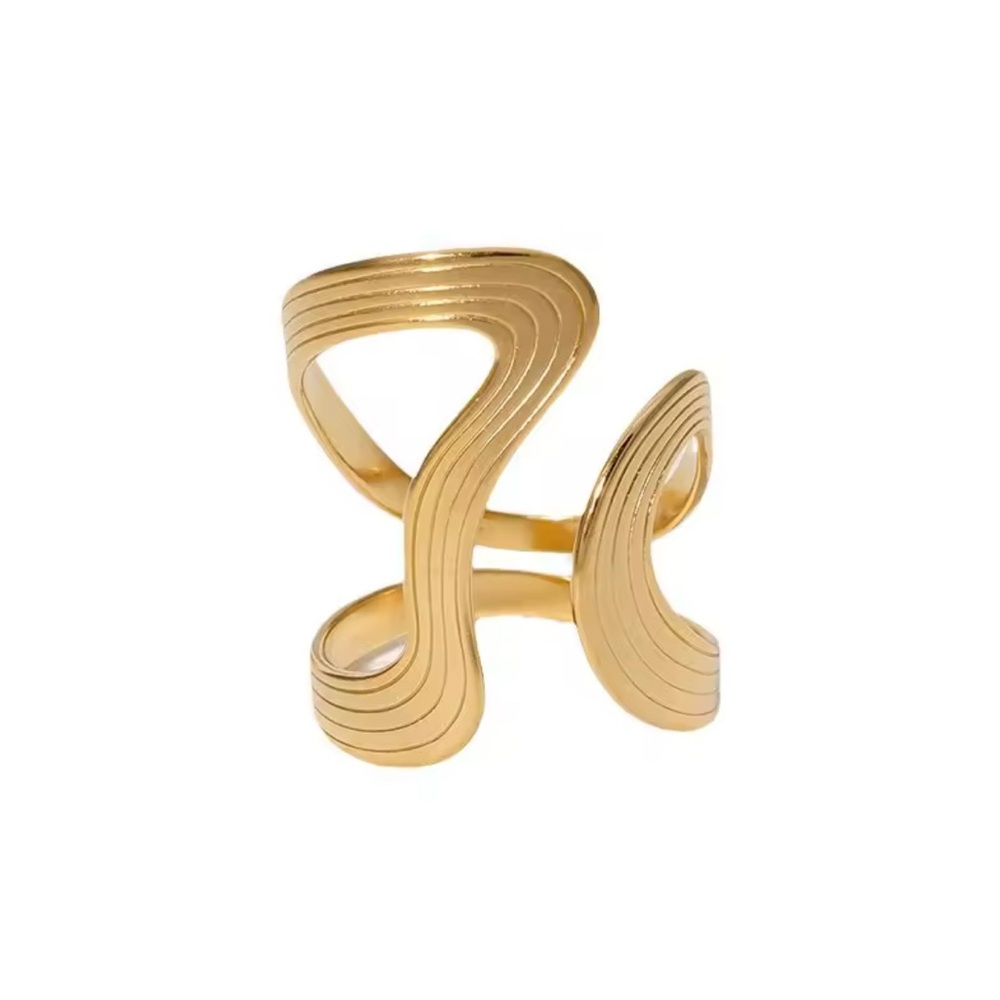 Gold Wave Statement Ring Adjustable Modern Design - image 3